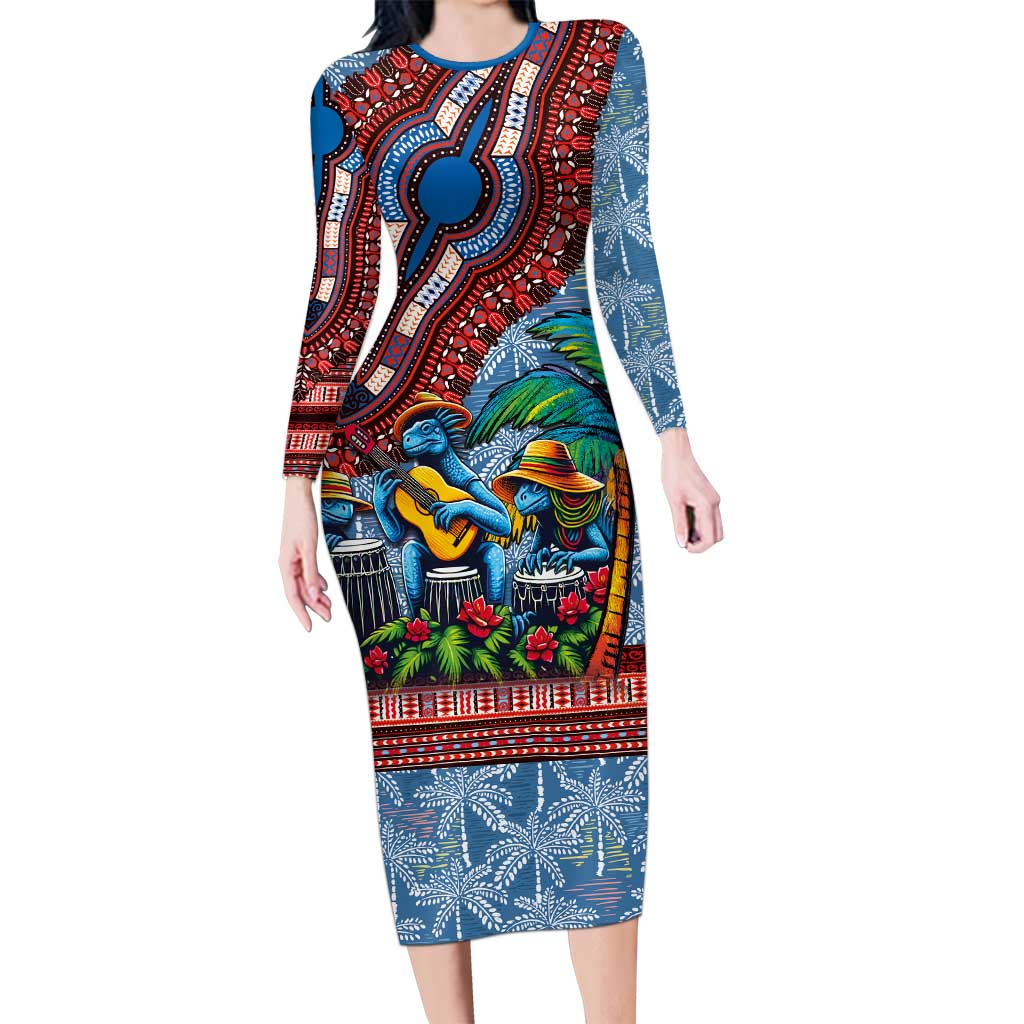 Afro-Caribbean Long Sleeve Bodycon Dress African Dashiki Style with Caribbean Music with Blue Iguanas - Wonder Print Shop