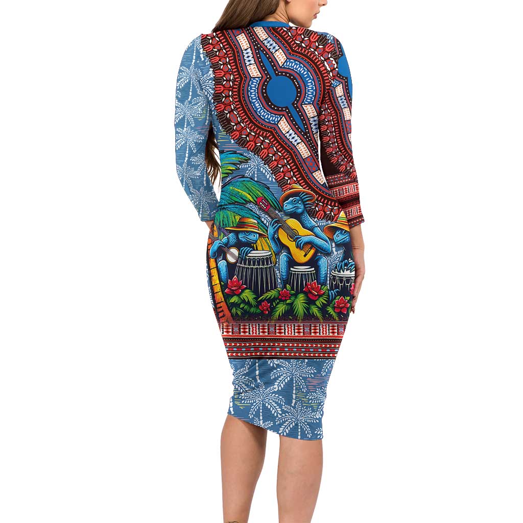 Afro-Caribbean Long Sleeve Bodycon Dress African Dashiki Style with Caribbean Music with Blue Iguanas - Wonder Print Shop