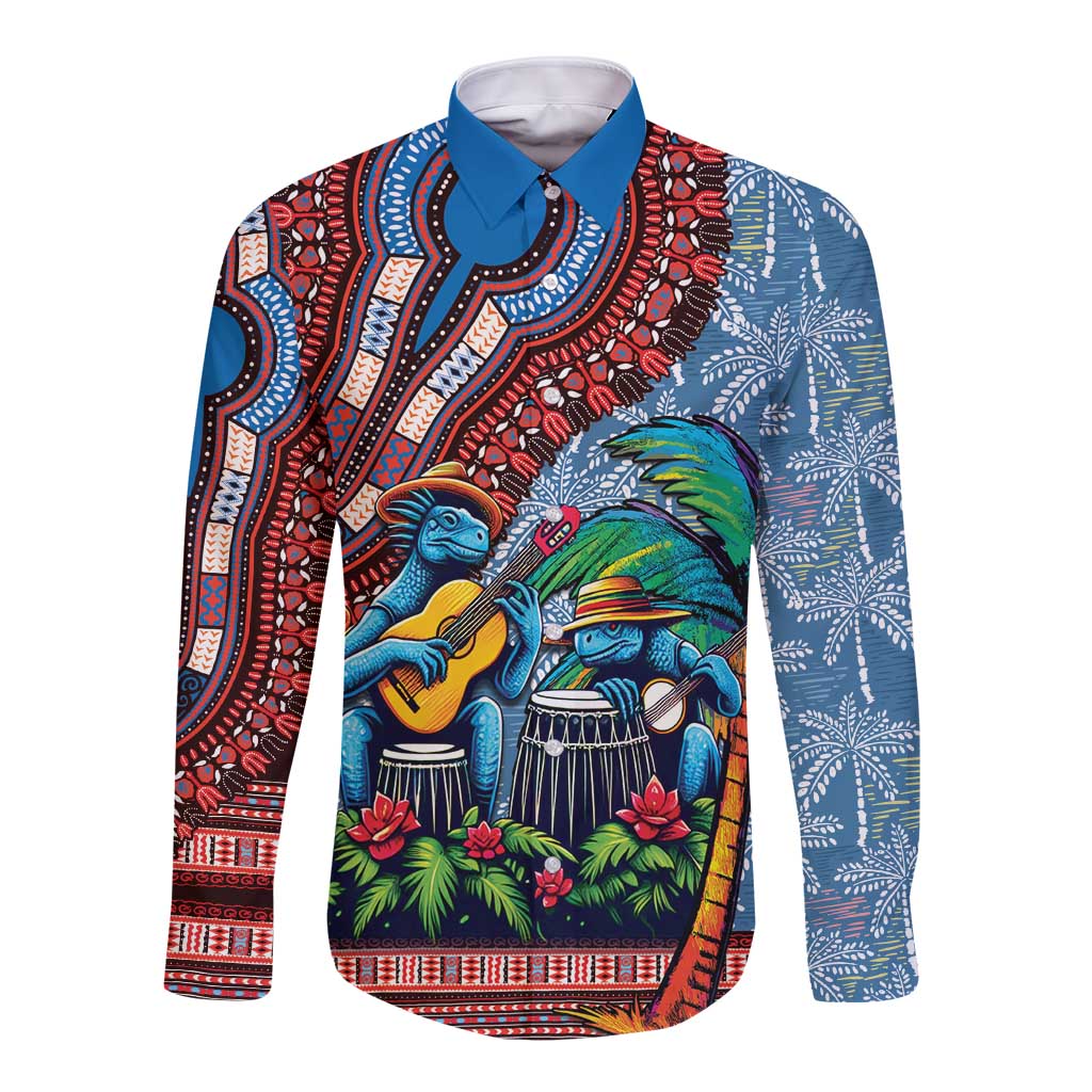 Afro-Caribbean Long Sleeve Button Shirt African Dashiki Style with Caribbean Music with Blue Iguanas - Wonder Print Shop