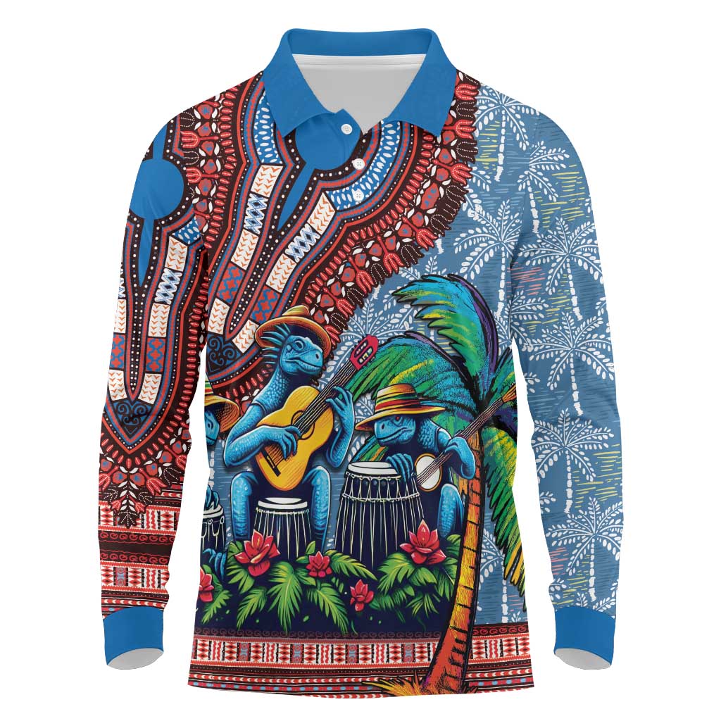 Afro-Caribbean Long Sleeve Polo Shirt African Dashiki Style with Caribbean Music with Blue Iguanas - Wonder Print Shop