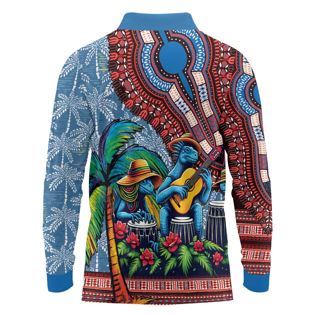 Afro-Caribbean Long Sleeve Polo Shirt African Dashiki Style with Caribbean Music with Blue Iguanas - Wonder Print Shop