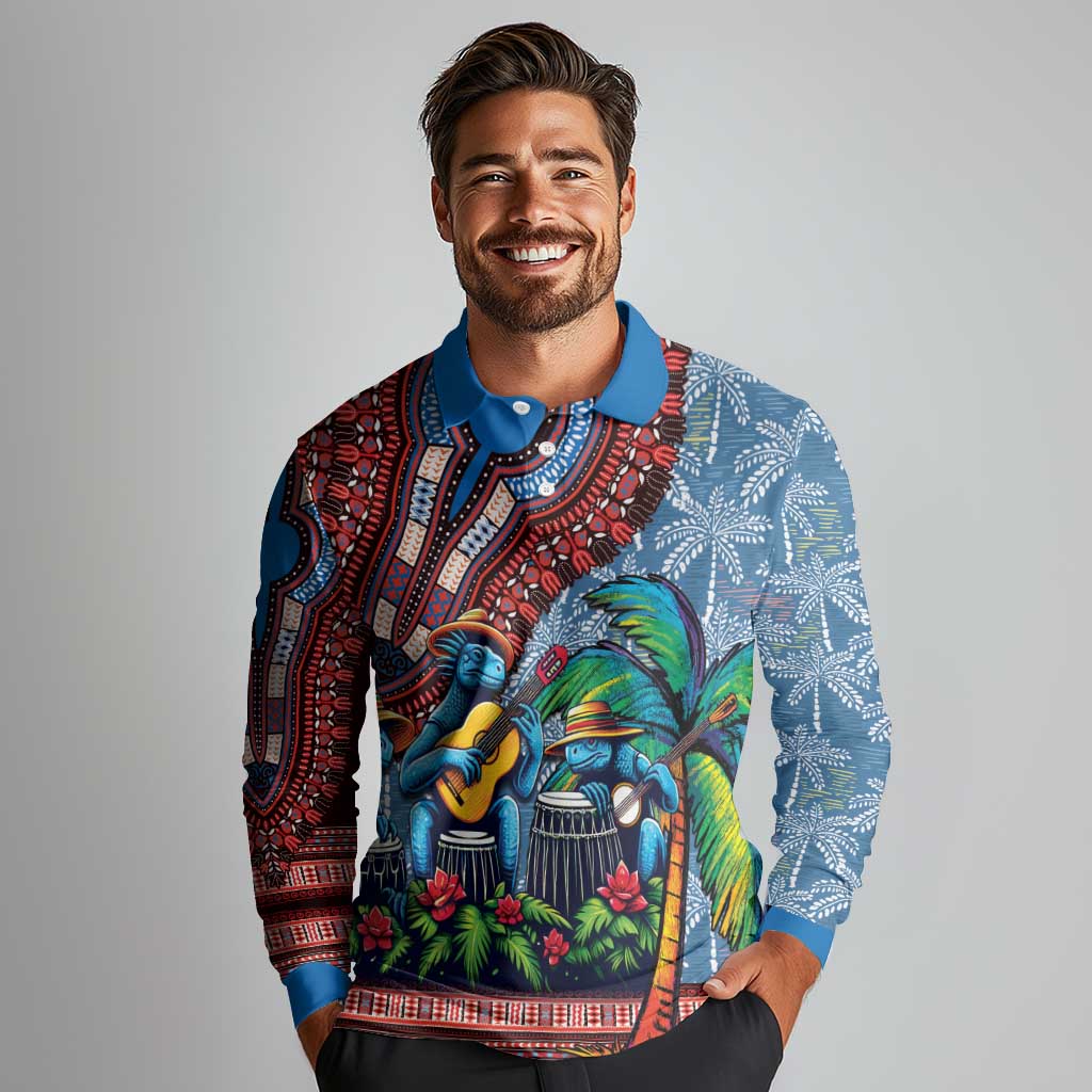 Afro-Caribbean Long Sleeve Polo Shirt African Dashiki Style with Caribbean Music with Blue Iguanas - Wonder Print Shop
