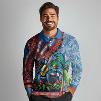 Afro-Caribbean Long Sleeve Polo Shirt African Dashiki Style with Caribbean Music with Blue Iguanas - Wonder Print Shop