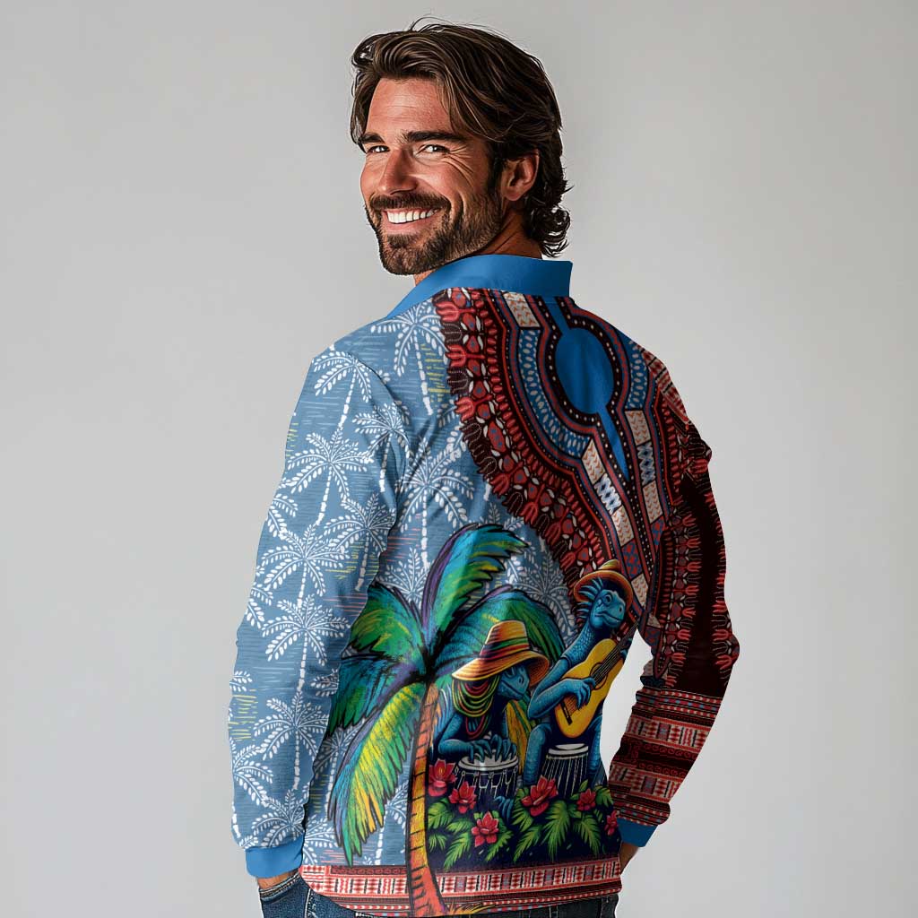 Afro-Caribbean Long Sleeve Polo Shirt African Dashiki Style with Caribbean Music with Blue Iguanas - Wonder Print Shop