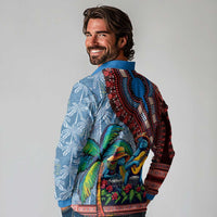 Afro-Caribbean Long Sleeve Polo Shirt African Dashiki Style with Caribbean Music with Blue Iguanas - Wonder Print Shop