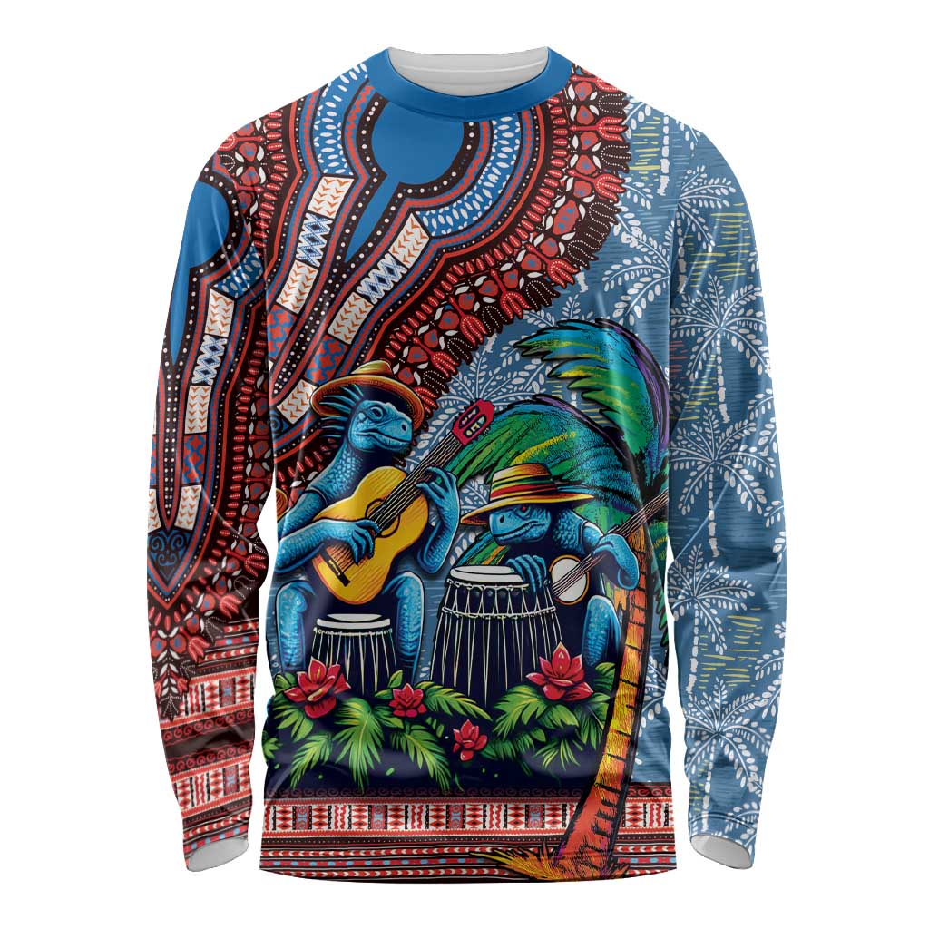 Afro-Caribbean Long Sleeve Shirt African Dashiki Style with Caribbean Music with Blue Iguanas - Wonder Print Shop