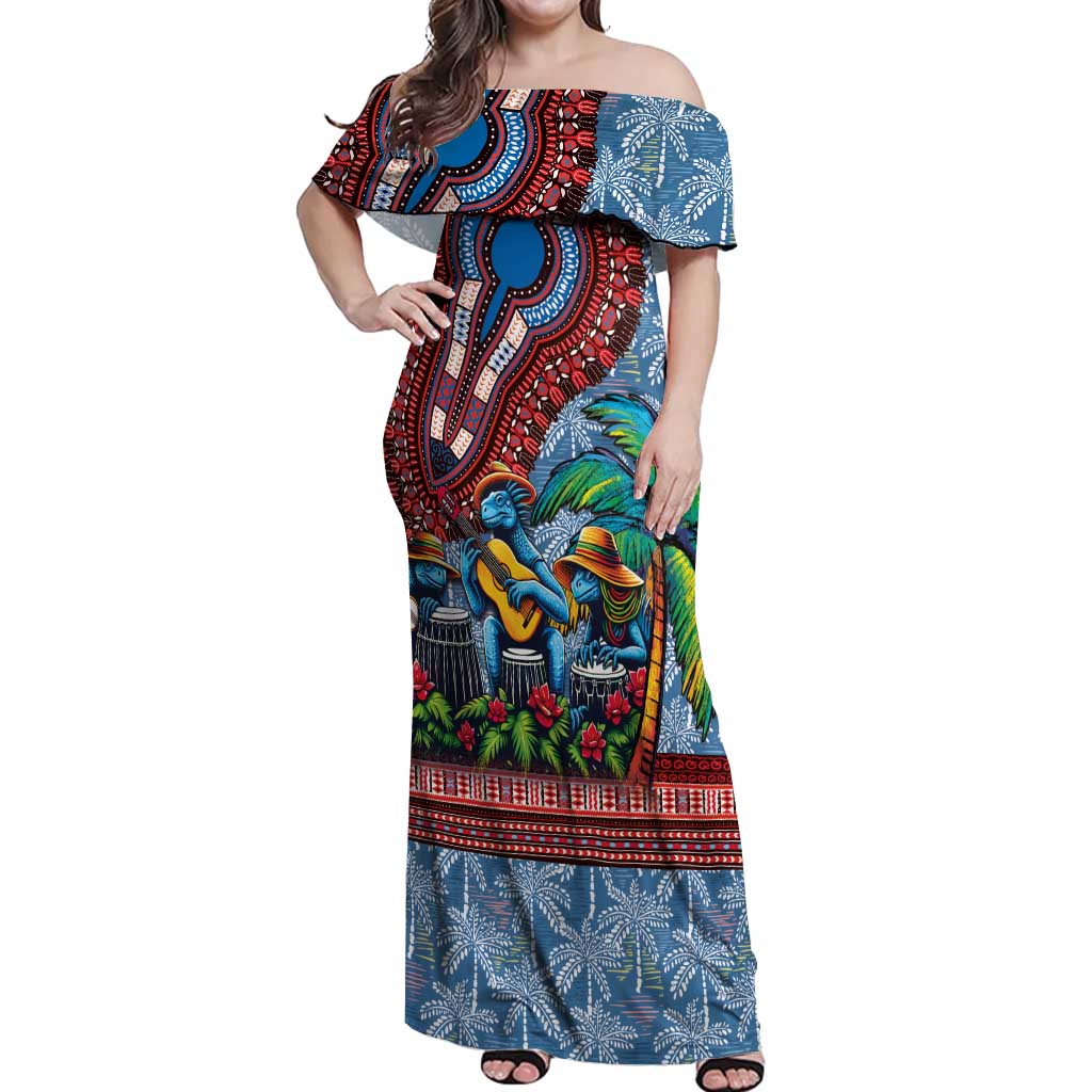 Afro-Caribbean Off Shoulder Maxi Dress African Dashiki Style with Caribbean Music with Blue Iguanas - Wonder Print Shop