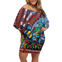 Afro-Caribbean Off Shoulder Short Dress African Dashiki Style with Caribbean Music with Blue Iguanas - Wonder Print Shop