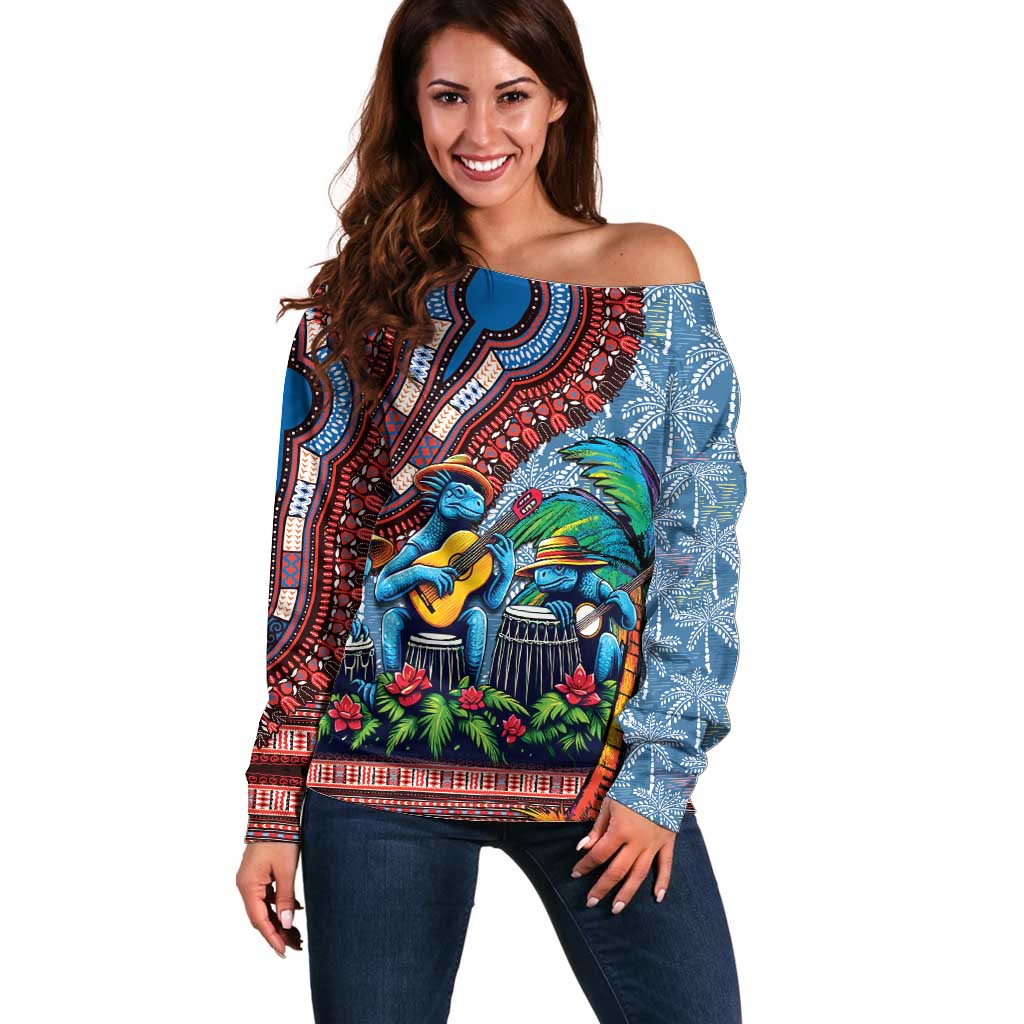 Afro-Caribbean Off Shoulder Sweater African Dashiki Style with Caribbean Music with Blue Iguanas - Wonder Print Shop