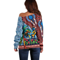 Afro-Caribbean Off Shoulder Sweater African Dashiki Style with Caribbean Music with Blue Iguanas - Wonder Print Shop