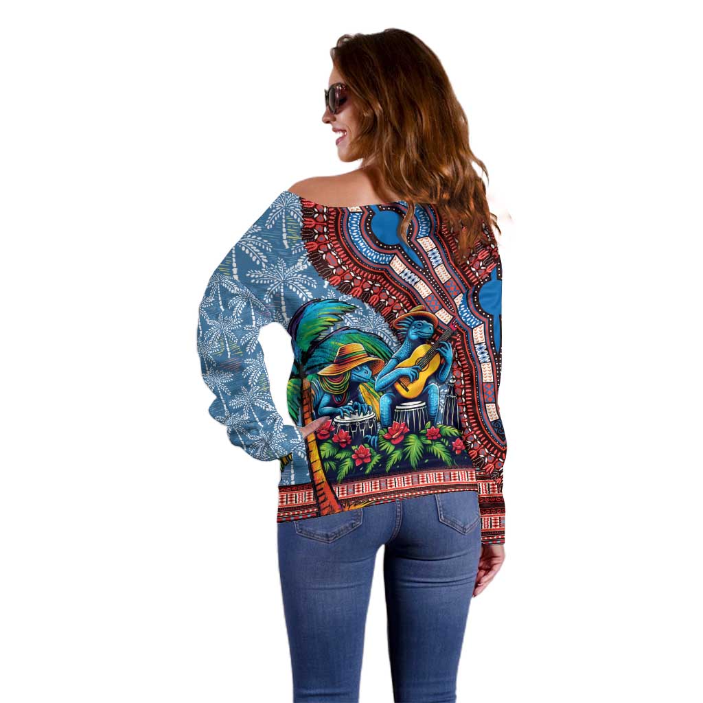 Afro-Caribbean Off Shoulder Sweater African Dashiki Style with Caribbean Music with Blue Iguanas - Wonder Print Shop