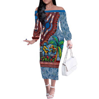 Afro-Caribbean Off The Shoulder Long Sleeve Dress African Dashiki Style with Caribbean Music with Blue Iguanas - Wonder Print Shop