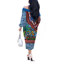 Afro-Caribbean Off The Shoulder Long Sleeve Dress African Dashiki Style with Caribbean Music with Blue Iguanas - Wonder Print Shop