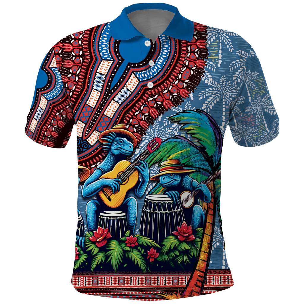 Afro-Caribbean Polo Shirt African Dashiki Style with Caribbean Music with Blue Iguanas - Wonder Print Shop