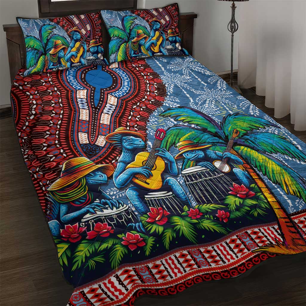 Afro-Caribbean Quilt Bed Set African Dashiki Style with Caribbean Music with Blue Iguanas - Wonder Print Shop
