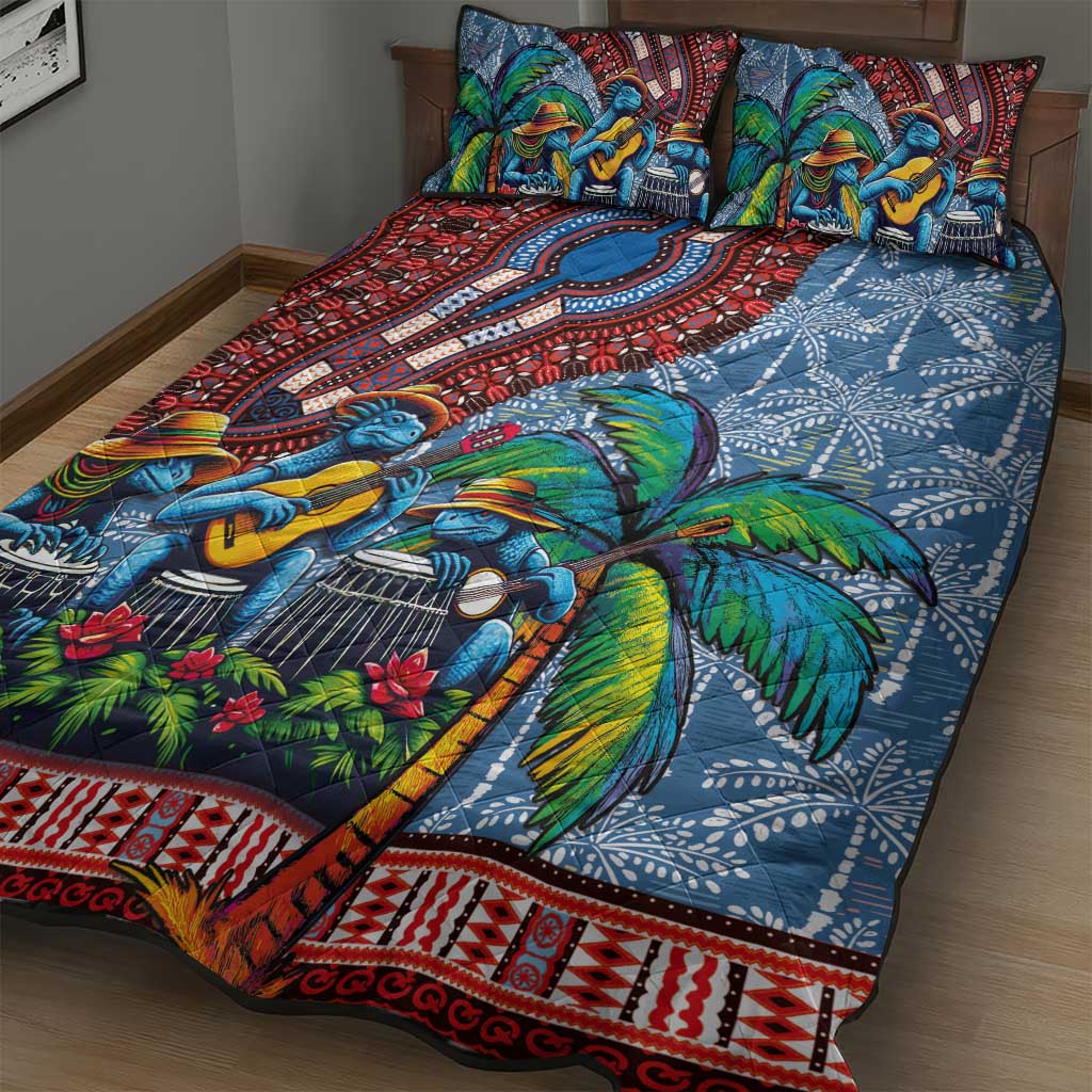 Afro-Caribbean Quilt Bed Set African Dashiki Style with Caribbean Music with Blue Iguanas - Wonder Print Shop