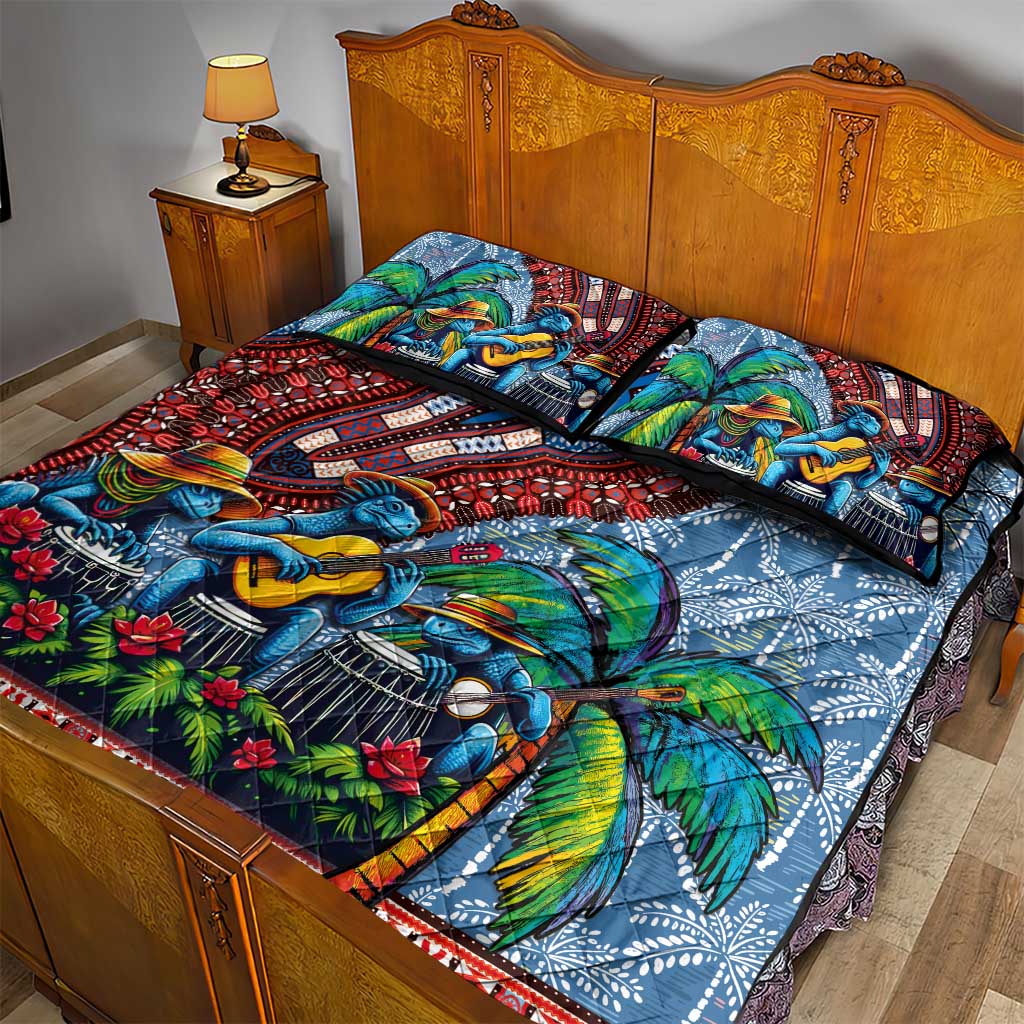 Afro-Caribbean Quilt Bed Set African Dashiki Style with Caribbean Music with Blue Iguanas - Wonder Print Shop