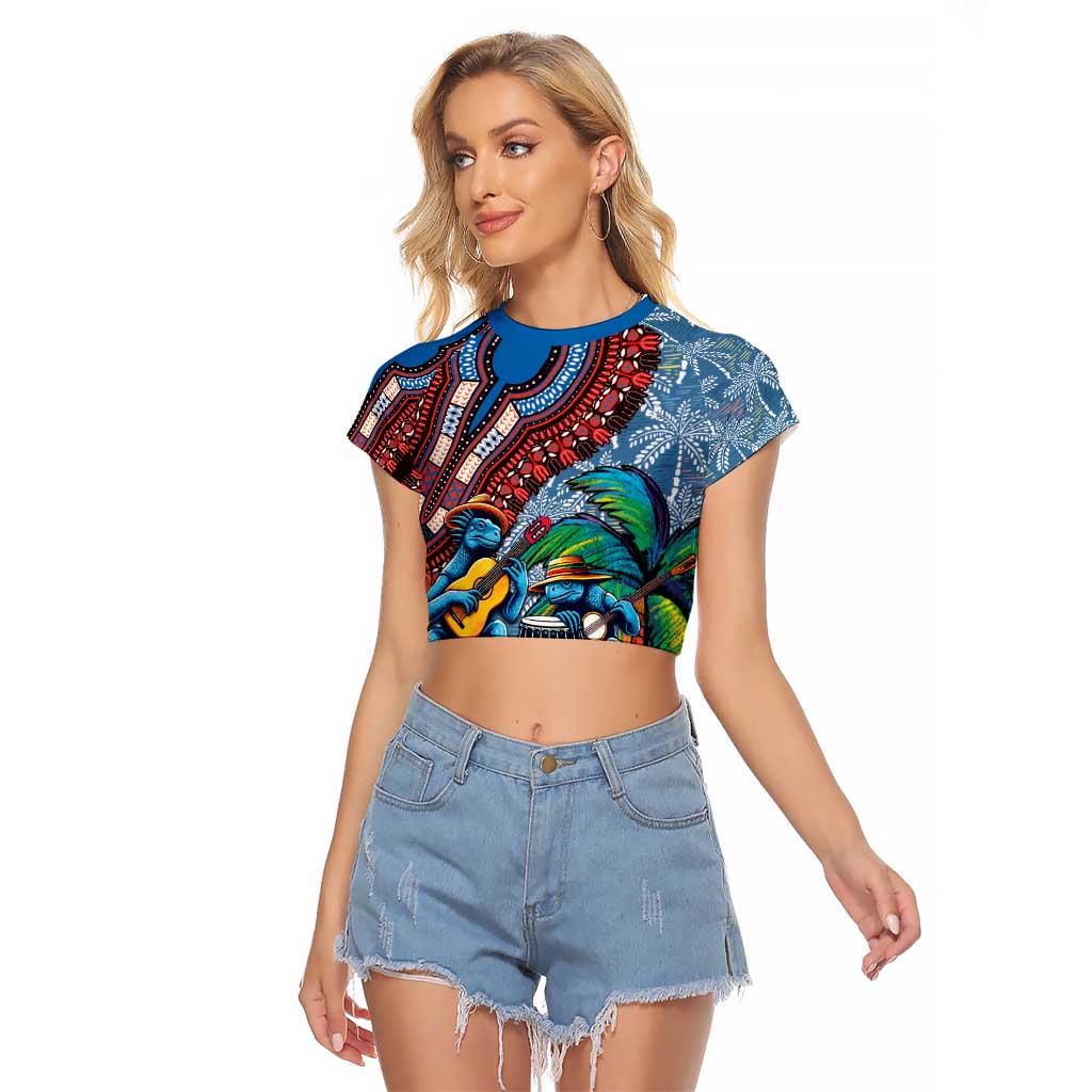 Afro-Caribbean Raglan Cropped T Shirt African Dashiki Style with Caribbean Music with Blue Iguanas - Wonder Print Shop