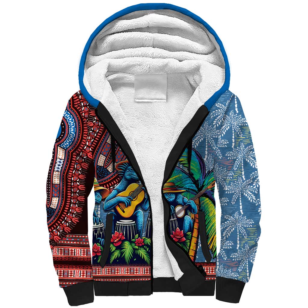 Afro-Caribbean Sherpa Hoodie African Dashiki Style with Caribbean Music with Blue Iguanas - Wonder Print Shop