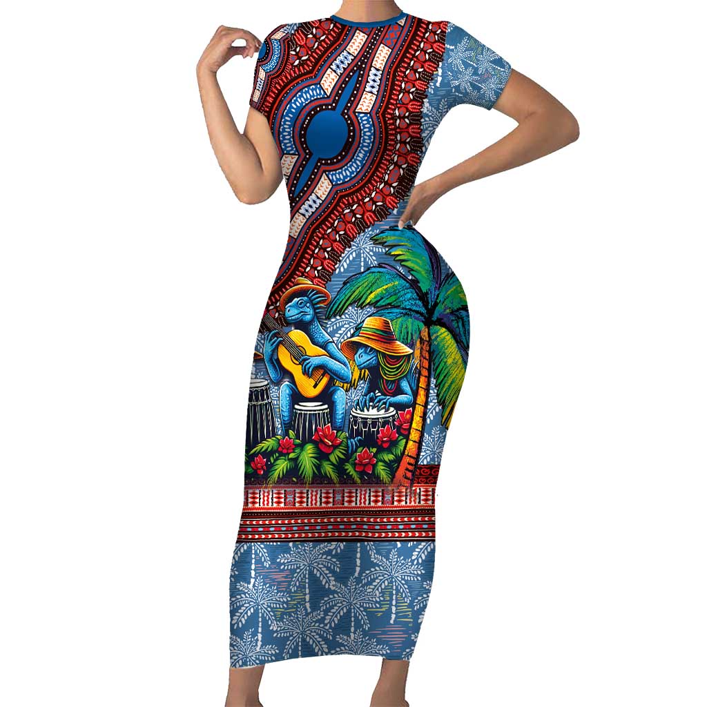 Afro-Caribbean Short Sleeve Bodycon Dress African Dashiki Style with Caribbean Music with Blue Iguanas - Wonder Print Shop