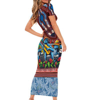 Afro-Caribbean Short Sleeve Bodycon Dress African Dashiki Style with Caribbean Music with Blue Iguanas - Wonder Print Shop
