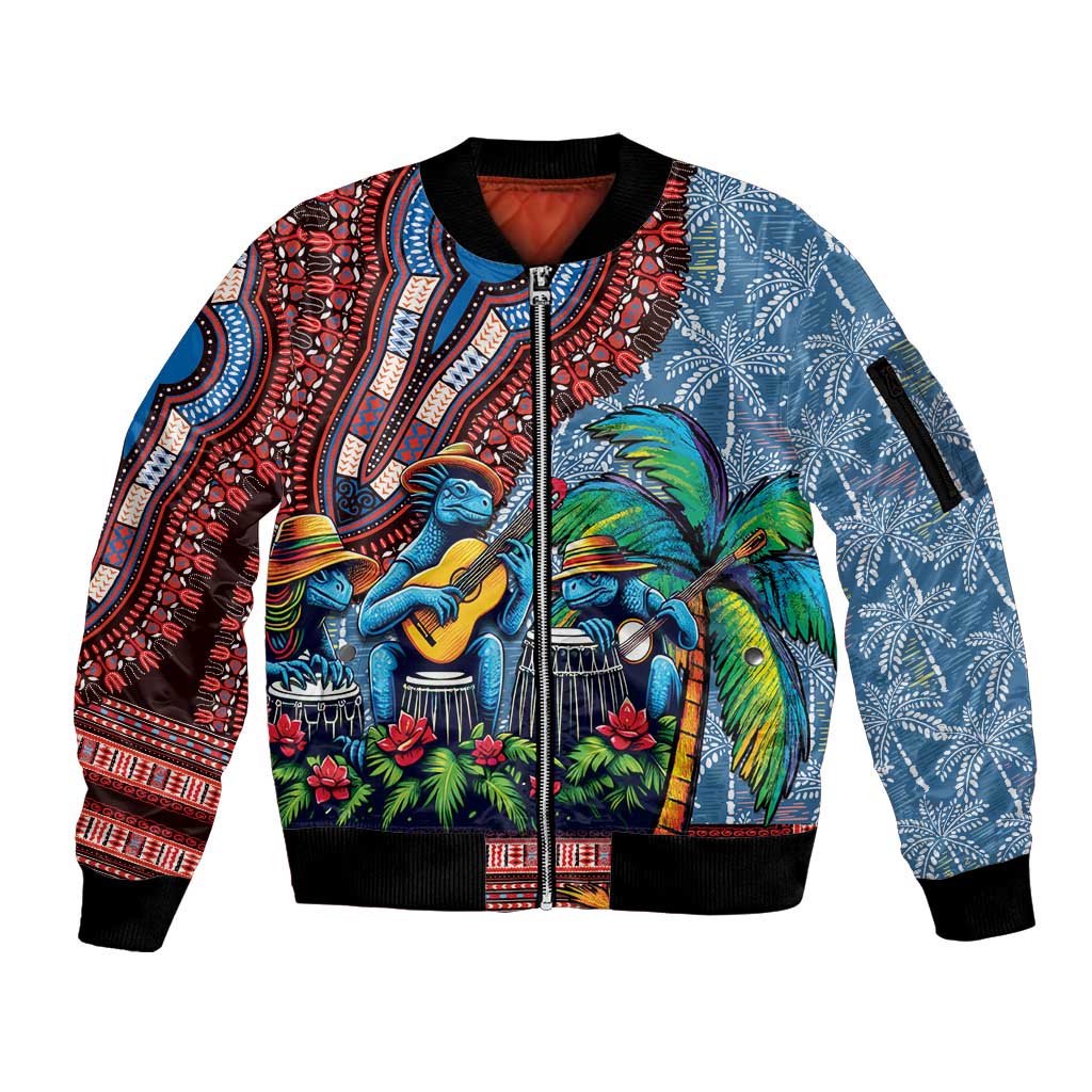 Afro-Caribbean Sleeve Zip Bomber Jacket African Dashiki Style with Caribbean Music with Blue Iguanas - Wonder Print Shop