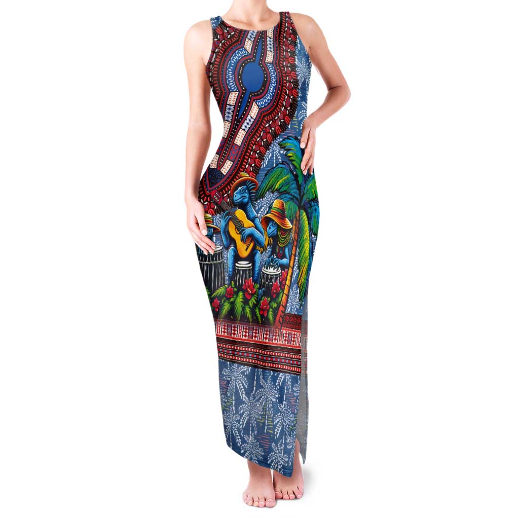 Afro-Caribbean Tank Maxi Dress African Dashiki Style with Caribbean Music with Blue Iguanas - Wonder Print Shop
