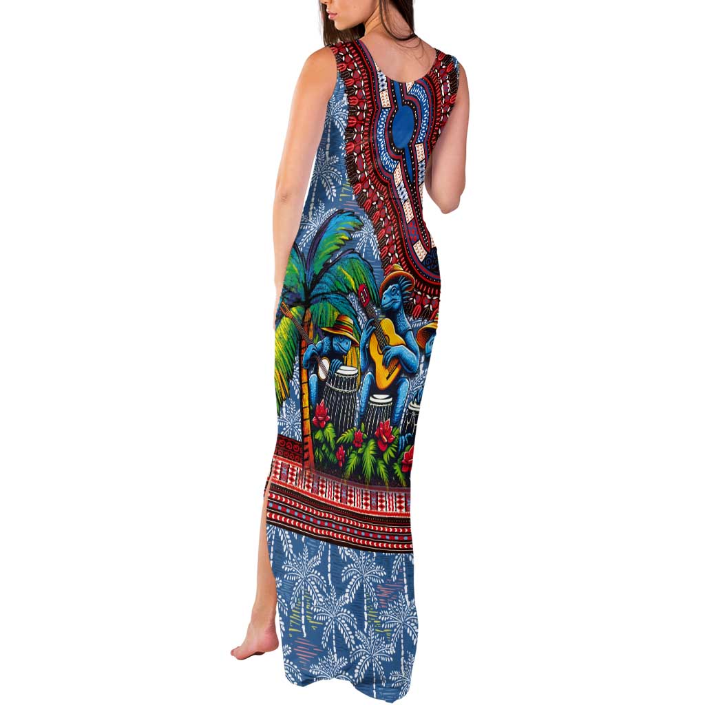 Afro-Caribbean Tank Maxi Dress African Dashiki Style with Caribbean Music with Blue Iguanas - Wonder Print Shop