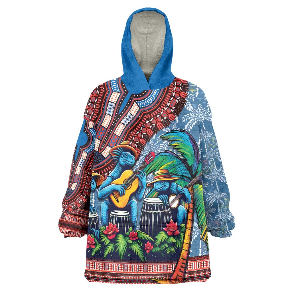 Afro-Caribbean Wearable Blanket Hoodie African Dashiki Style with Caribbean Music with Blue Iguanas - Wonder Print Shop