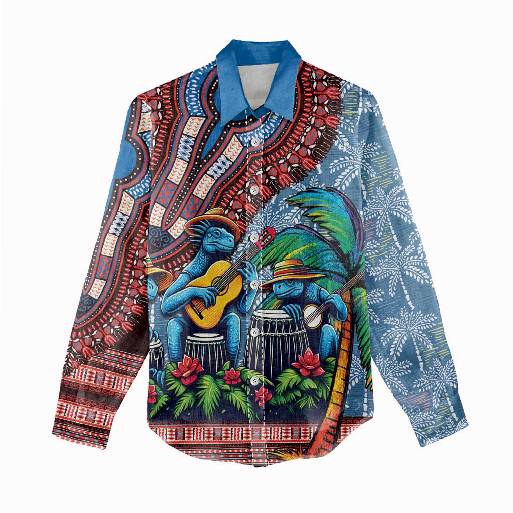 Afro-Caribbean Women Casual Shirt African Dashiki Style with Caribbean Music with Blue Iguanas - Wonder Print Shop