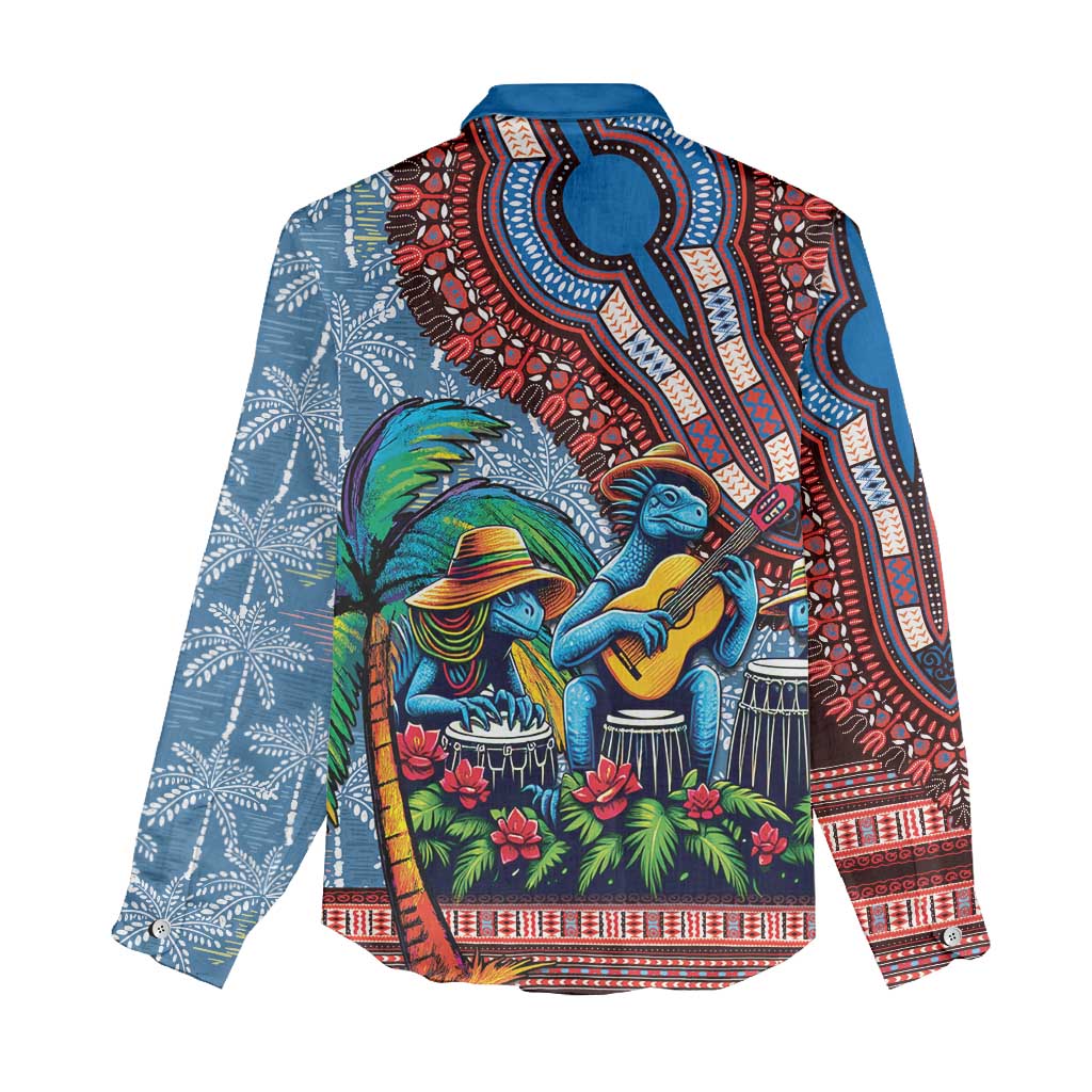 Afro-Caribbean Women Casual Shirt African Dashiki Style with Caribbean Music with Blue Iguanas - Wonder Print Shop