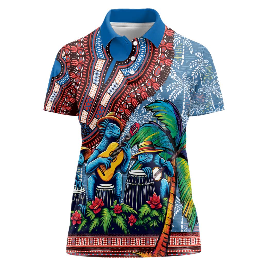 Afro-Caribbean Women Polo Shirt African Dashiki Style with Caribbean Music with Blue Iguanas - Wonder Print Shop