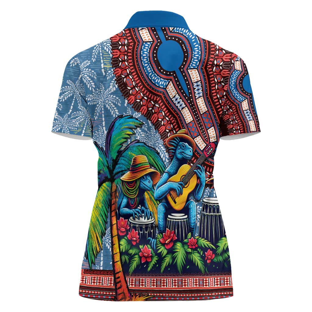 Afro-Caribbean Women Polo Shirt African Dashiki Style with Caribbean Music with Blue Iguanas - Wonder Print Shop
