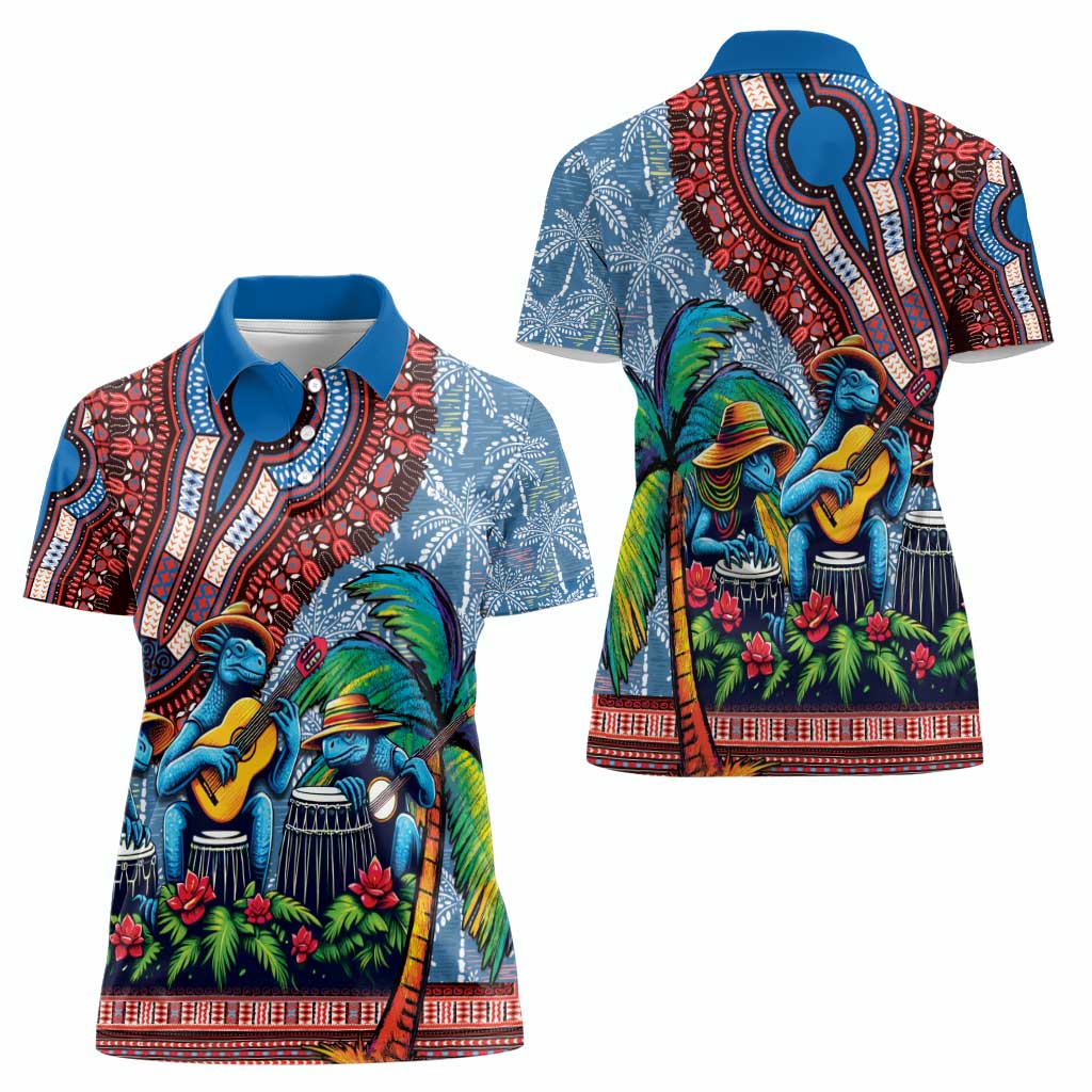 Afro-Caribbean Women Polo Shirt African Dashiki Style with Caribbean Music with Blue Iguanas - Wonder Print Shop