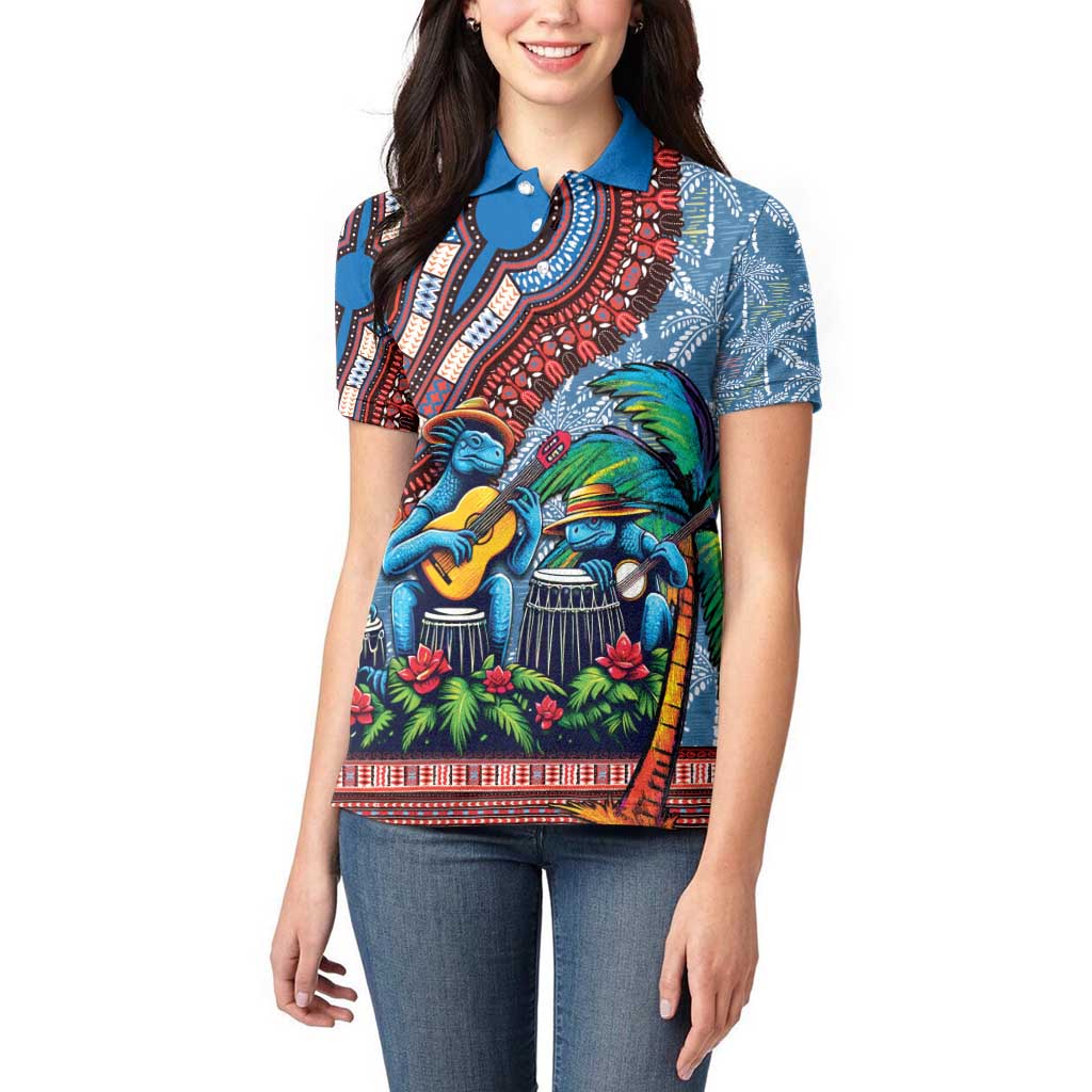 Afro-Caribbean Women Polo Shirt African Dashiki Style with Caribbean Music with Blue Iguanas - Wonder Print Shop
