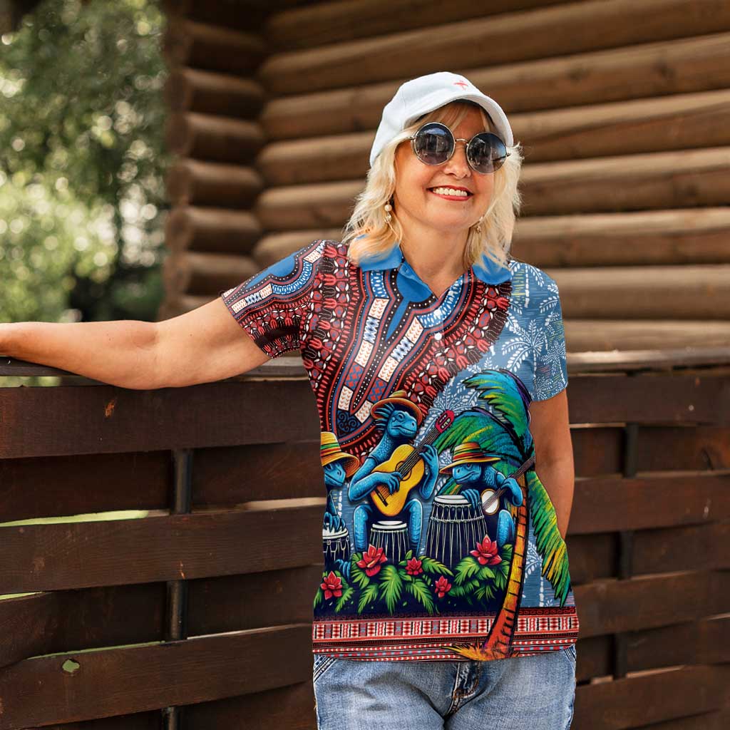 Afro-Caribbean Women Polo Shirt African Dashiki Style with Caribbean Music with Blue Iguanas - Wonder Print Shop