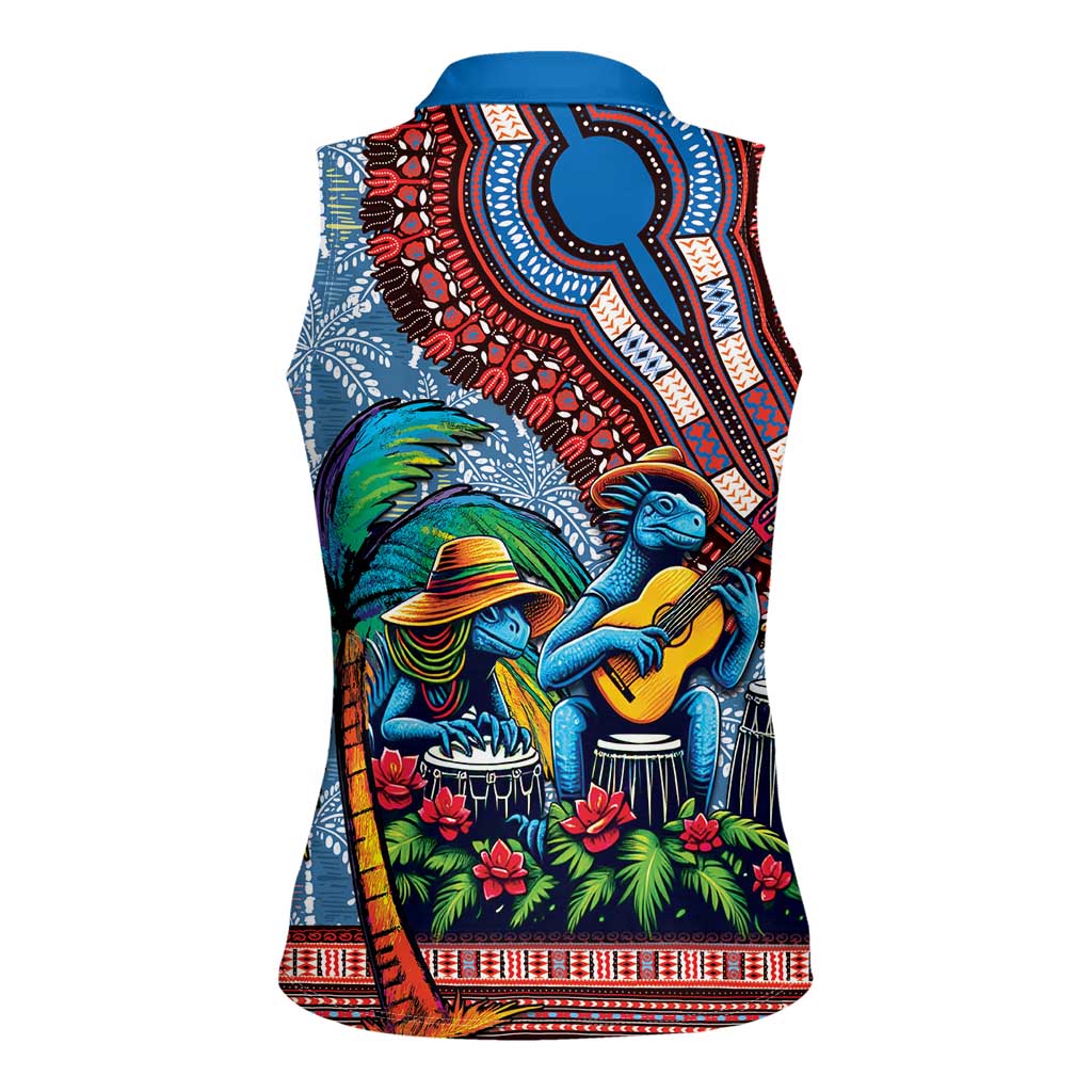 Afro-Caribbean Women Sleeveless Polo Shirt African Dashiki Style with Caribbean Music with Blue Iguanas - Wonder Print Shop
