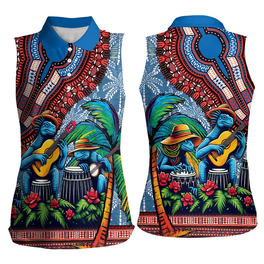 Afro-Caribbean Women Sleeveless Polo Shirt African Dashiki Style with Caribbean Music with Blue Iguanas - Wonder Print Shop