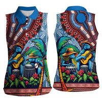 Afro-Caribbean Women Sleeveless Polo Shirt African Dashiki Style with Caribbean Music with Blue Iguanas - Wonder Print Shop