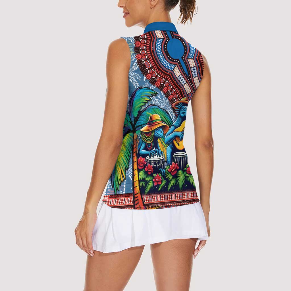 Afro-Caribbean Women Sleeveless Polo Shirt African Dashiki Style with Caribbean Music with Blue Iguanas - Wonder Print Shop