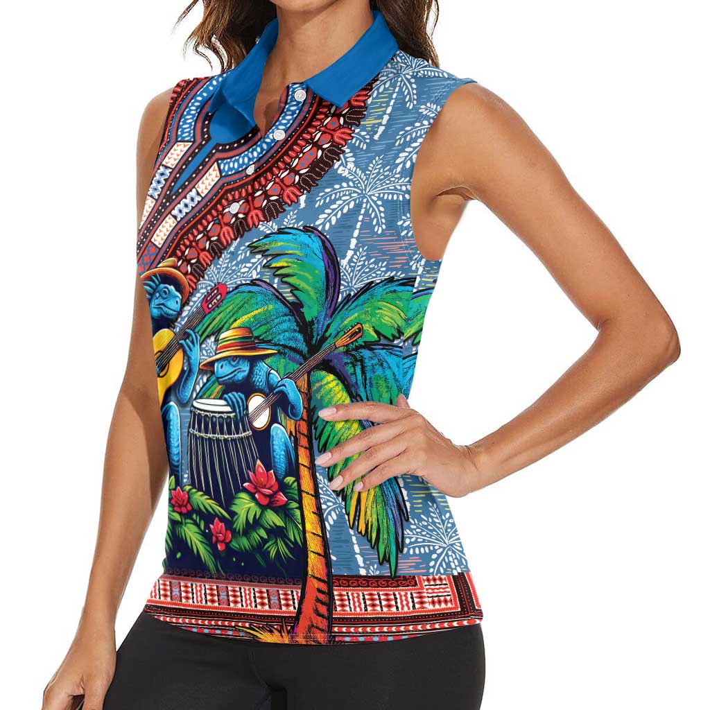 Afro-Caribbean Women Sleeveless Polo Shirt African Dashiki Style with Caribbean Music with Blue Iguanas - Wonder Print Shop
