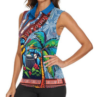 Afro-Caribbean Women Sleeveless Polo Shirt African Dashiki Style with Caribbean Music with Blue Iguanas - Wonder Print Shop