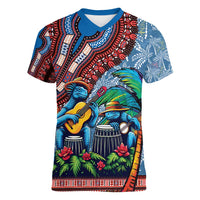Afro-Caribbean Women V-Neck T-Shirt African Dashiki Style with Caribbean Music with Blue Iguanas - Wonder Print Shop