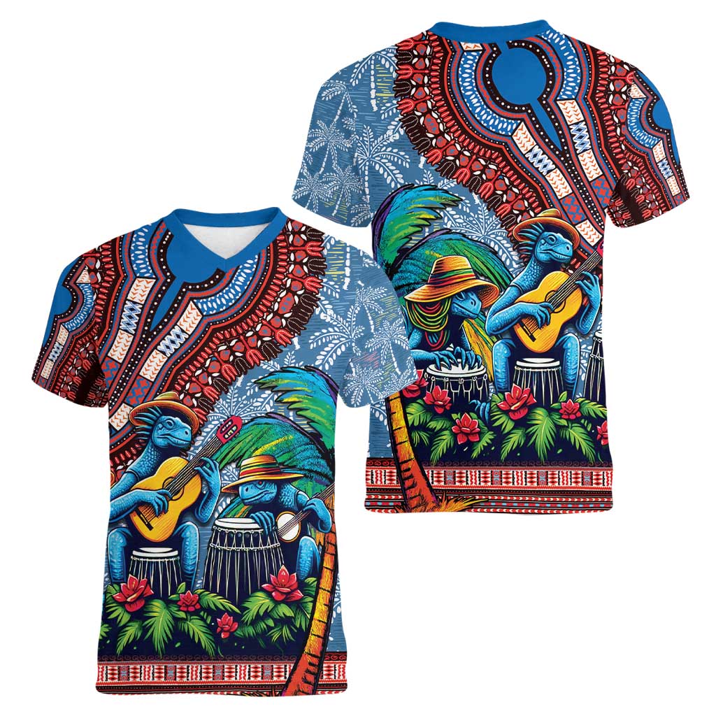 Afro-Caribbean Women V-Neck T-Shirt African Dashiki Style with Caribbean Music with Blue Iguanas - Wonder Print Shop