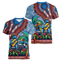 Afro-Caribbean Women V-Neck T-Shirt African Dashiki Style with Caribbean Music with Blue Iguanas - Wonder Print Shop