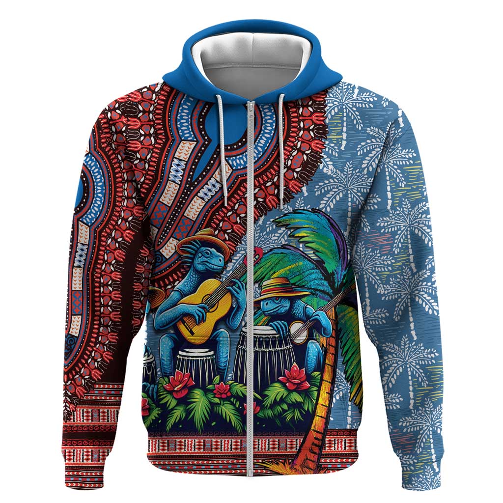 Afro-Caribbean Zip Hoodie African Dashiki Style with Caribbean Music with Blue Iguanas - Wonder Print Shop