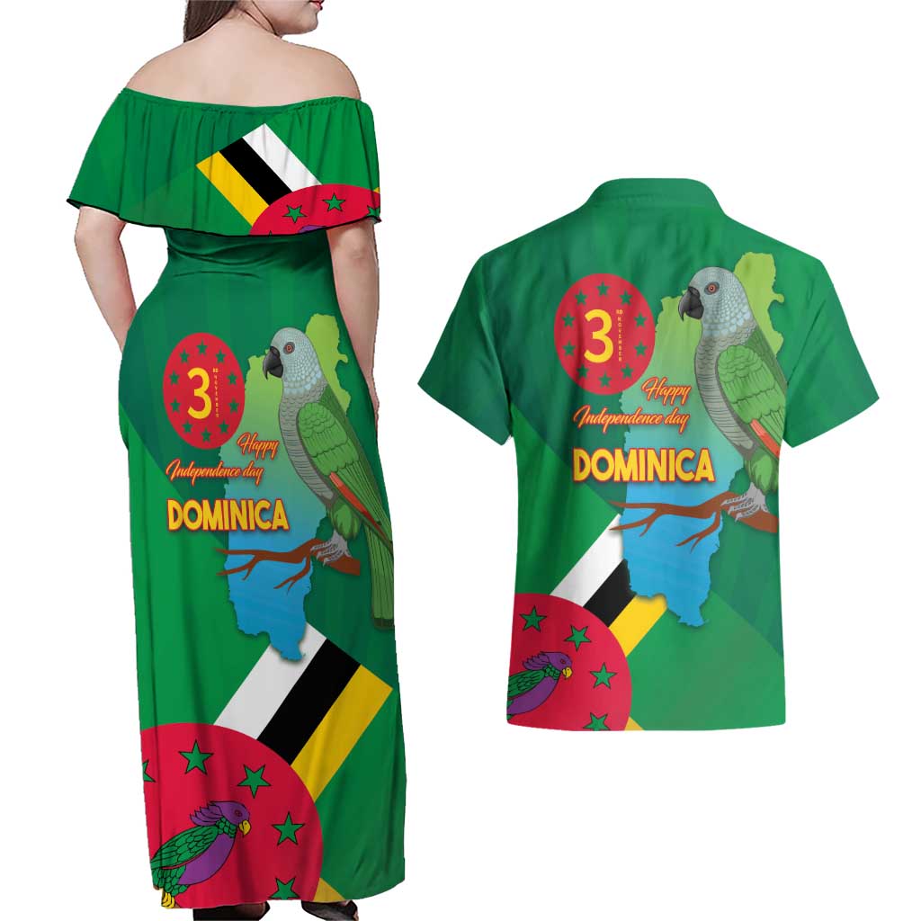 Dominica Independence Day Couples Matching Off Shoulder Maxi Dress and Hawaiian Shirt Imperial Amazon With National Flag and Map - Wonder Print Shop