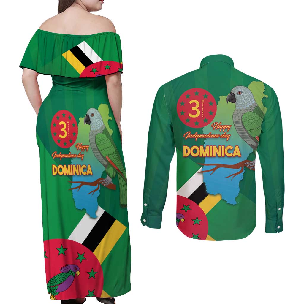 Dominica Independence Day Couples Matching Off Shoulder Maxi Dress and Long Sleeve Button Shirt Imperial Amazon With National Flag and Map - Wonder Print Shop