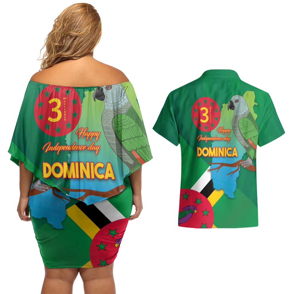 Dominica Independence Day Couples Matching Off Shoulder Short Dress and Hawaiian Shirt Imperial Amazon With National Flag and Map - Wonder Print Shop