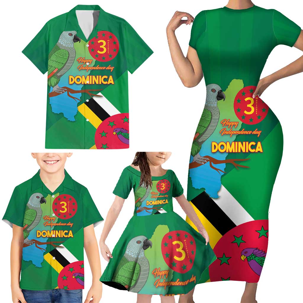 Dominica Independence Day Family Matching Short Sleeve Bodycon Dress and Hawaiian Shirt Imperial Amazon With National Flag and Map - Wonder Print Shop